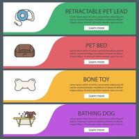 mascotas suministra conjunto de plantillas de banner web. correa para mascotas, cama para animales, juguete para masticar huesos, aseo personal. elementos del menú de color del sitio web. conceptos de diseño de encabezados vectoriales vector