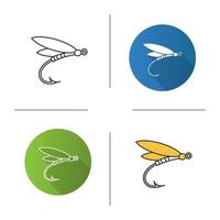 Fly fishing icon. Flat design, linear and color styles. Insect bait. Dragonfly lure. Isolated vector illustrations