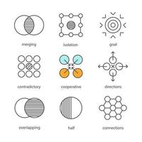 Abstract symbols linear icons set. Merging, isolation, goal, contradictory, cooperative, directions, overlapping, half, connections. Thin line contour symbols. Isolated vector outline illustrations