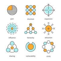 Conjunto de iconos de colores de símbolos abstractos. parte, estructura, expansión, influencia, jerarquía, atracción, compartir, vulnerabilidad, círculo. ilustraciones vectoriales aisladas vector