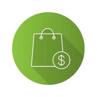 Sale flat linear long shadow icon. Shopping bag with dollar sign. Vector outline symbol