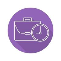 Work time flat linear long shadow icon. Business briefcase with clock. Vector outline symbol