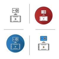 Action camera to smartphone wireless wifi connection icon. Flat design, linear and color styles. Isolated vector illustrations