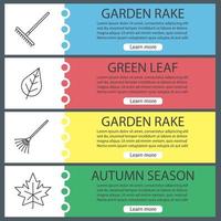 Autumn season web banner templates set. Rake, leaves. Website color menu items with linear icons. Vector headers design concepts