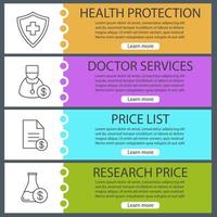 Services web banner templates set. Health protection, doctor, price list, research. Website color menu items with linear icons. Vector headers design concepts
