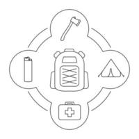 Tourist's backpack contents linear icons set. Tent, axe, lighter, first aid kit. Isolated vector illustrations