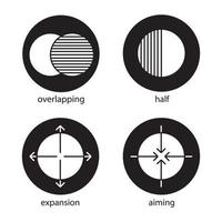 Abstract symbols glyph icons set. Overlapping, half, aiming, expansion concepts. Vector white silhouettes illustrations in black circles