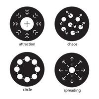 Abstract symbols glyph icons set. Attraction, chaos, circle, spreading concepts. Vector white silhouettes illustrations in black circles