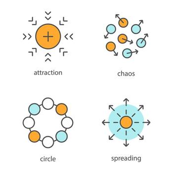 Abstract symbols color icons set. Attraction, chaos, circle, spreading concepts. Isolated vector illustrations