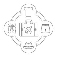 Tourist's suitcase contents linear icons set. Shirt, swimming trunks, homburg hat, flip flops. Isolated vector illustrations