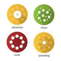 Abstract symbols flat design long shadow glyph icons set. Attraction, chaos, circle, spreading concepts. Vector silhouette illustration