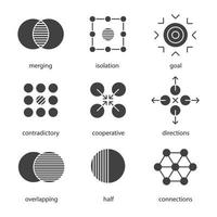 Conjunto de iconos de glifos de símbolos abstractos. símbolos de silueta. fusión, aislamiento, meta, contradictorio, cooperativo, direcciones, superposición, mitad, conceptos de conexiones. vector ilustración aislada