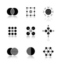 Abstract symbols drop shadow black glyph icons set. Merging, isolation, goal, contradictory, cooperative, directions, overlapping, half, connections concepts. Isolated vector illustrations