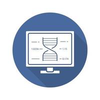 Icono de glifo de larga sombra de diseño plano de computadora de laboratorio. proyecto de ciencias. estructura molecular. ilustración de silueta de vector