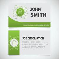 Business card print template with closed lock logo. Cyber security. System administrator. Padlock in microchip pathways. Stationery design concept. Vector illustration