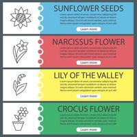 Flowers web banner templates set. Sunflower, daffodil, lily of the valley, crocus. Website color menu items with linear icons. Vector headers design concepts