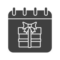 icono de glifo de fecha de cumpleaños. símbolo de silueta. página de calendario con caja de regalo. espacio negativo. vector ilustración aislada