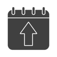 Upload calendar glyph icon. Silhouette symbol. Calendar page with up arrow. Negative space. Vector isolated illustration