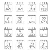 Holidays calendar linear icons set. Wall calendars. Thin line contour symbols. Dates and occasions. Isolated vector outline illustrations