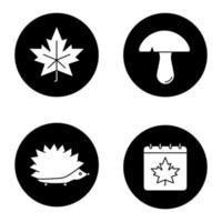 Autumn season glyph icons set. Maple leaf, mushroom, hedgehog, autumn calendar. Vector white silhouettes illustrations in black circles