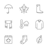 Autumn season linear icons set. Umbrella, warm socks, maple leaf, watertight, scarf, sweater, autumn weather and calendar. Thin line contour symbols. Isolated vector outline illustrations