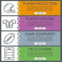 American football web banner templates set. Helmet, shoulder pad, ball, field. Website color menu items with linear icons. Vector headers design concepts