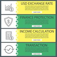 Conjunto de plantillas de banner web de economía. tabla de crecimiento del mercado, protección financiera, cálculo de ingresos, transacción. elementos del menú de color del sitio web con iconos lineales. conceptos de diseño de encabezados vectoriales vector