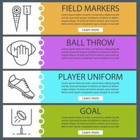 American football web banner templates set. Field markers, ball throw, goal sign, player's shoe. Website color menu items with linear icons. Vector headers design concepts