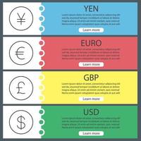 conjunto de plantillas de banner web de monedas. yen, dólar estadounidense, euro, libra. elementos del menú de color del sitio web con iconos lineales. conceptos de diseño de encabezados vectoriales vector