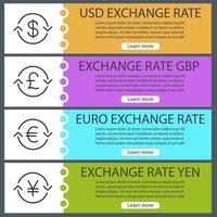 conjunto de plantillas de banner web de tipo de cambio de divisas. dólar estadounidense, euro, libra, yen cambio. elementos del menú de color del sitio web con iconos lineales. conceptos de diseño de encabezados vectoriales vector