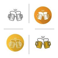 Toasting beer glasses icon. Flat design, linear and color styles. Two foamy beer glasses. Cheers isolated vector illustrations