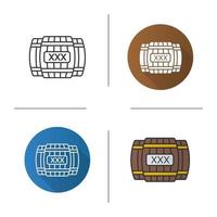 Alcohol wooden barrels icon. Flat design, linear and color styles. Whiskey or rum barrels with xxx sign. Isolated vector illustrations