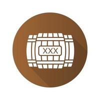 Barriles de madera de alcohol diseño plano icono de glifo de sombra larga. Barriles de whisky o ron con signo xxx. ilustración de silueta de vector