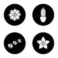 Flowers glyph icons set. Lotus, daffodil, orchid, branch, cactus in flowerpot. Vector white silhouettes illustrations in black circles