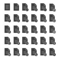 Documents glyph icons set. Silhouette symbols. Statistics, medical insurance and test, contract, approved document. Send, pin, upload, download file. Vector isolated illustration
