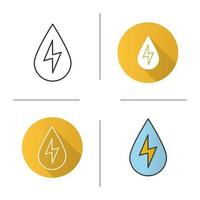 Water energy icon. Flat design, linear and color styles. Water drop with lightning inside. Hydro power plant. Isolated vector illustrations