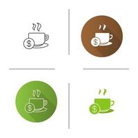 Buy cup of tea icon. Flat design, linear and glyph color styles. Hot steaming mug with dollar sign. Isolated vector illustrations