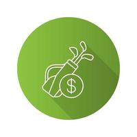 Golf equipment shop flat linear long shadow icon. Golf bag with clubs and dollar sign. Vector outline symbol