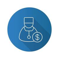 Doctor services flat linear long shadow icon. Therapist with dollar sign. Vector line symbol