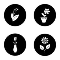 Flowers glyph icons set. Lily of the valley, crocus in flowerpot, rose in vase, sunflower. Vector white silhouettes illustrations in black circles