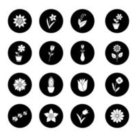 Flowers glyph icons set. Garden, wild, house plants. Blooming decorative flowers. Vector white silhouettes illustrations in black circles