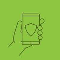 Hand holding smartphone linear icon. Smart phone antivirus app. Thin line outline symbols on color background. Vector illustration