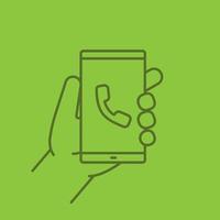 Hand holding smartphone color linear icon. Smart phone incoming call. Thin line outline symbols on color background. Vector illustration