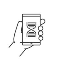 Hand holding smartphone linear icon. Thin line illustration. Smart phone science app contour symbol. Vector isolated outline drawing