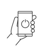 Hand holding smartphone linear icon. Thin line illustration. Turn off smart phone contour symbol. Vector isolated outline drawing