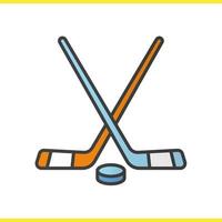 Ice hockey equipment color icon. Crossed hockey sticks and rubber puck. Isolated vector illustration