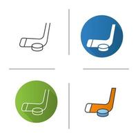 Ice hockey equipment icon. Flat design, linear and color styles. Hockey puck and stick. Isolated vector illustrations