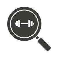 Gym search glyph icon. Silhouette symbol. Magnifying glass with gym barbell. Fitness center nearby. Negative space. Vector isolated illustration