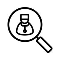 Doctor search linear icon. Thick line illustration. Magnifying glass with therapist contour symbol. Vector isolated outline drawing