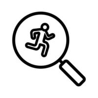 Running man inside loupe linear icon. Thin line illustration. Magnifying glass with runner contour symbol. Vector isolated outline drawing